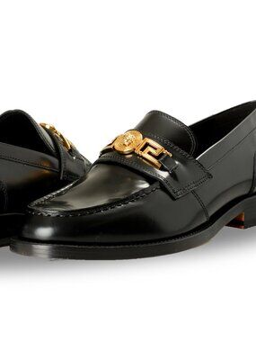 Versace Men's Black Leather Gold Medusa Logo Loafers Shoes US 10 IT 43